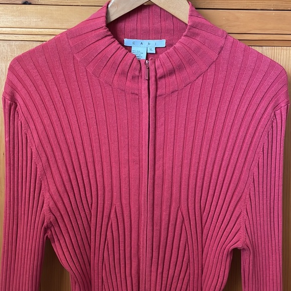 CAbi Sweaters - CAbi full front zip cardigan, long sleeve jersey knit top in lovely deep rose,XL